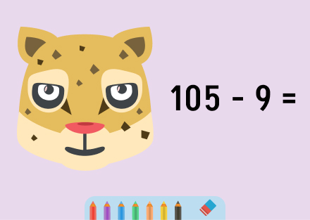Kuvassa on vähennyslasku ja Leopardi. Leopardin nimi on Lauri ja hän tykkää vähennyslaskusta. Vähennylasku on 105- utta vastausta ei kerrota.